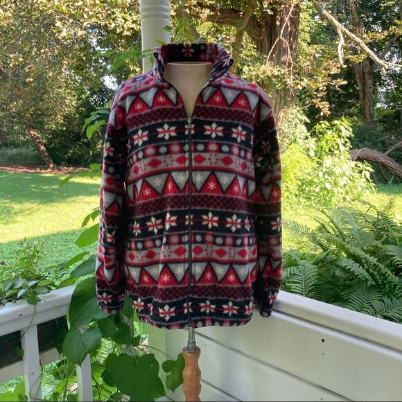VTG 90 Alfred Dunner Fleece Zip Jacket FairIsle Snowflake Petite Fisherman Winte - Picture 2 of 8
